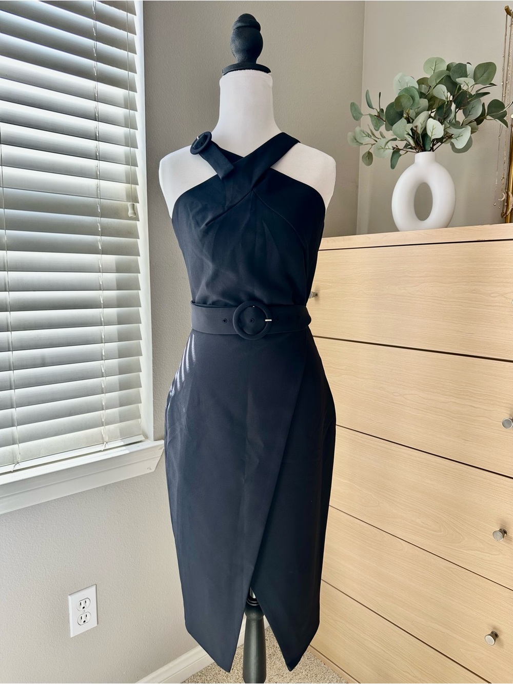 Lavish Alice Navy Halter Sheath Dress with Belt